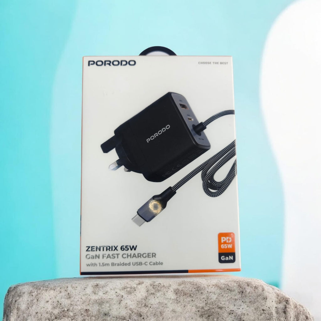 Porodo Zentrix 65W GaN Fast Charger with 1.5m Braided USB-C Cable