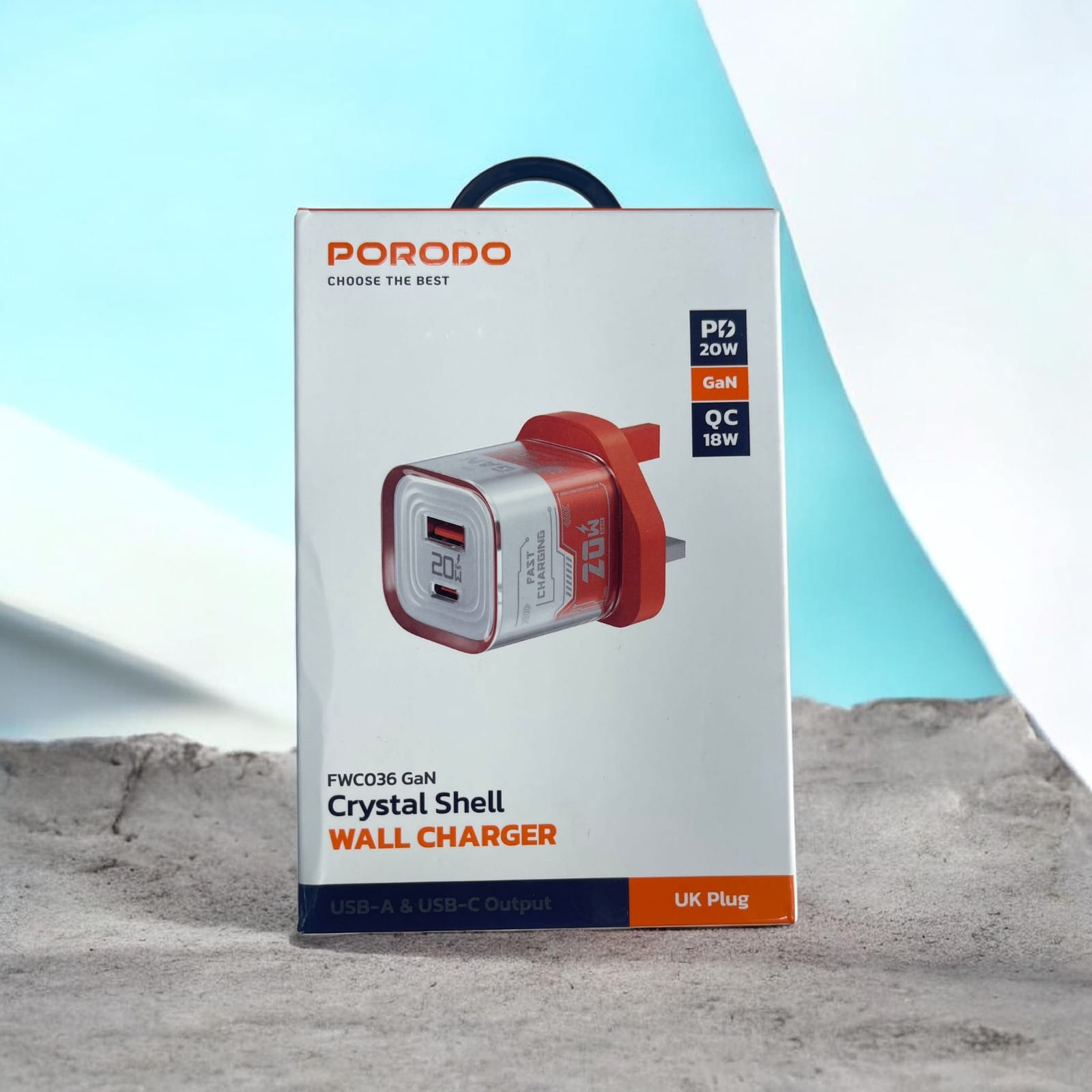 Porodo FWC036 GaN Crystal Shell Wall Charger – USB-A & USB-C (20W PD / 18W QC)